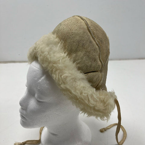 Vintage Tan Suede Sheepskin Shearling Lined Trapper Bonnet Hat