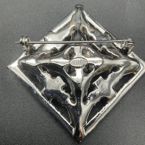 Vintage Bellini Silver Tone Blue Clear Rhinestone Geometric Lozenge Brooch 2"