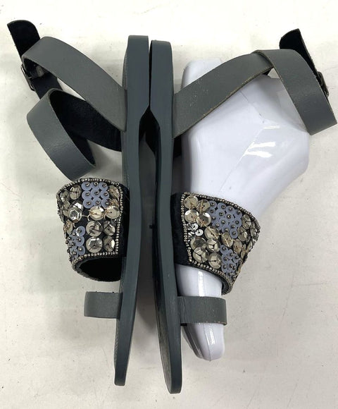 Free People Grey Beaded Sequin Ankle Strap Toe Loop Flat Sandals Size EU 37 US 7