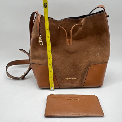 Michael Kors Brown Suede Leather Bucket Bag Drawstring Crossbody with Wallet