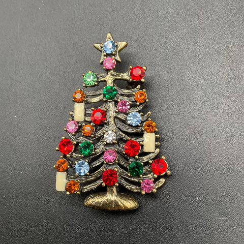 Vintage Christmas Tree Brooch Lot 5 Gold Tone Rhinestone Enamel Holiday Pins
