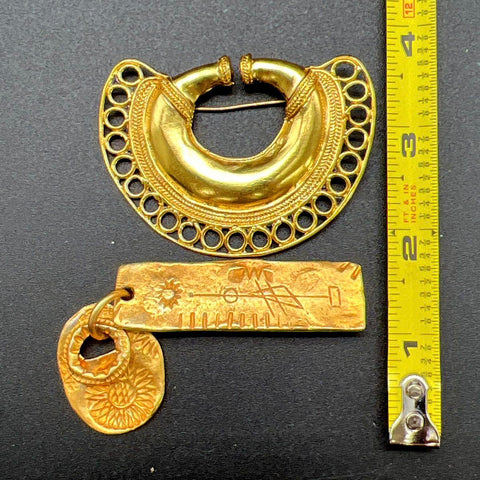 Vintage 24K Gold Plated Pre-Hispanic Tolima Pijao Brooch Lot 2 Colombia COA