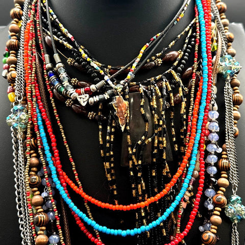 Boho Eclectic Jewelry Lot 15+ Necklaces Wood Seed Bead Tassel Flower Pendants