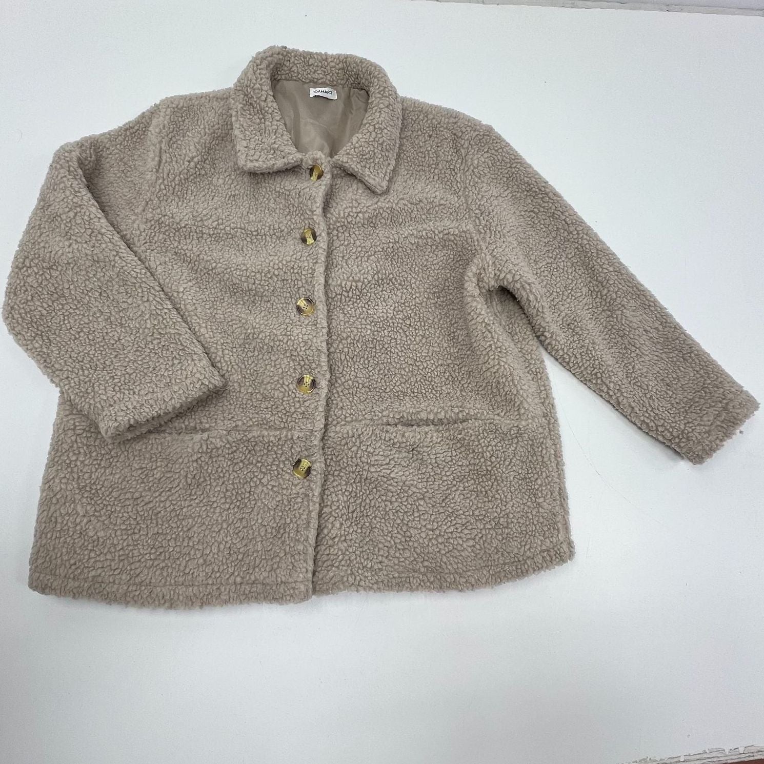 Vintage Damart Beige Sherpa Teddy Fleece Button Front Jacket Coat Womens XL