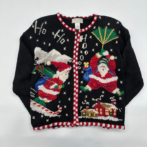 Vintage 90s Studio Works Santa Claus Ho Ho Ho Zip Christmas Sweater Sz PS