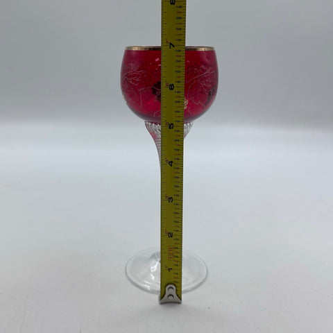 Vintage Ruby Red Wine Glasses 4 Piece Lot Etched Grapes Vines Gold Trim 7 In
