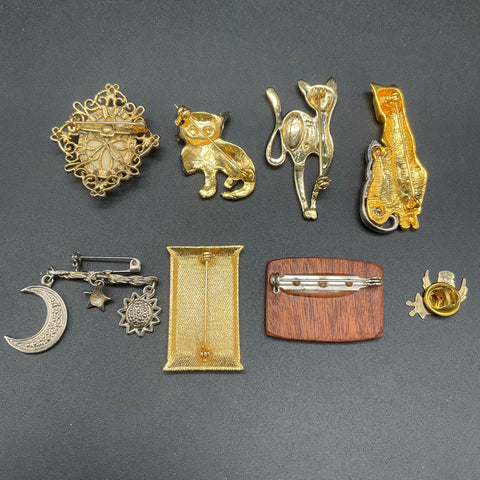 Vintage Costume Jewelry Lot of 8 Brooches Cats Celestial Moon Stars Wood Art