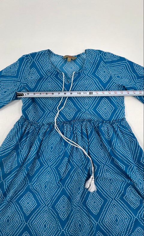 Anouk by Myntra Women's Blue Geometric Print Cotton Tassel Tie Neck Dress Sz S