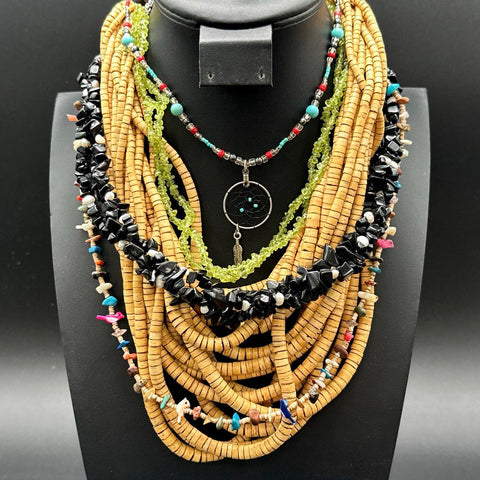 Boho Multi-Strand Beaded Necklace Lot Wood Stone Dreamcatcher Mandala 2 Pieces