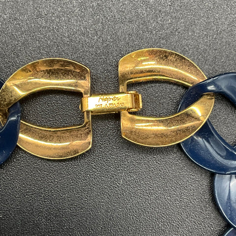 Vintage Napier Blue Enamel Link Necklace Gold Tone Chunky Curb Chain 24"