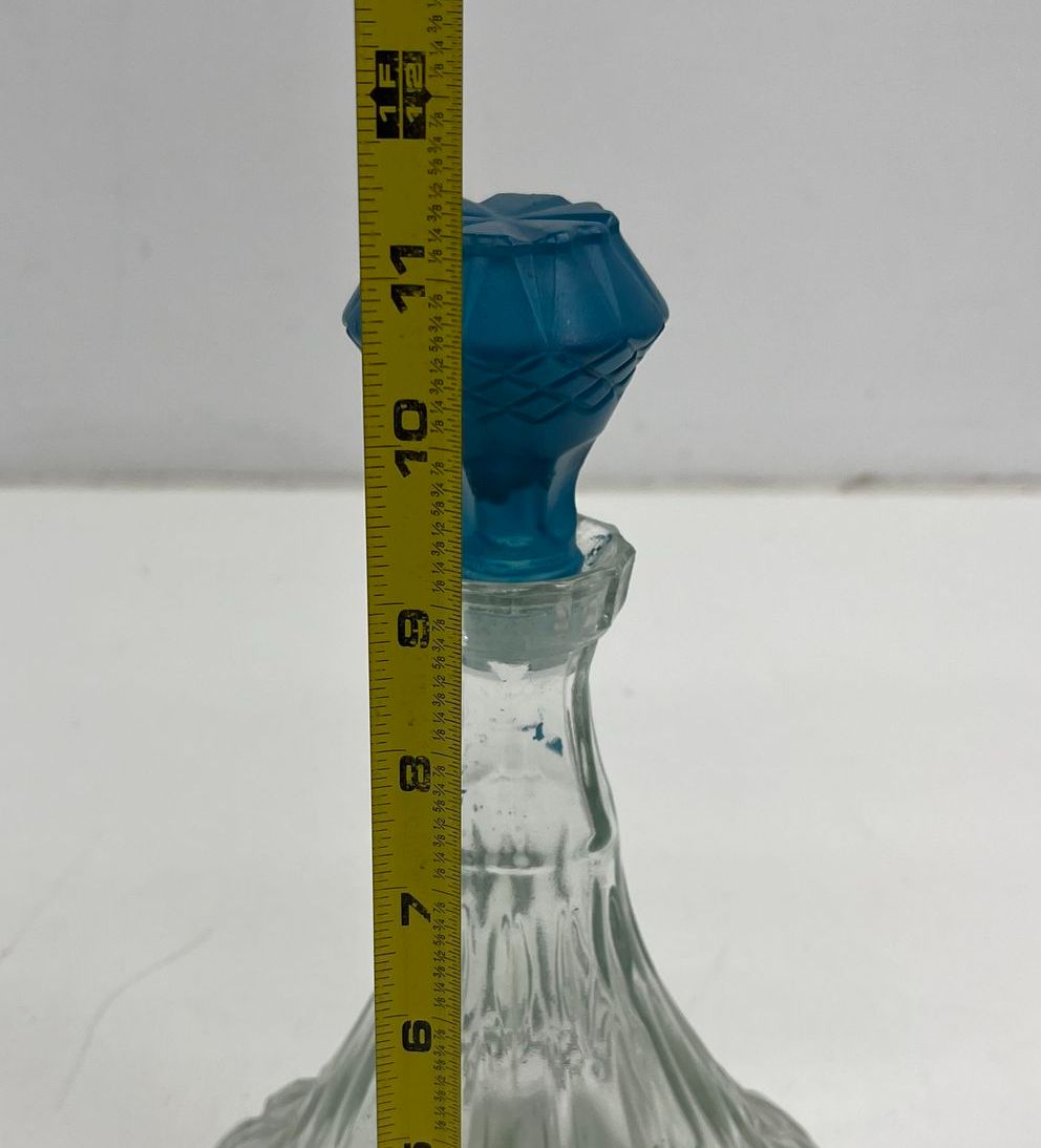 Vintage Pressed Glass Pineapple Decanter Blue Stopper 11.5" Clear Mid-Century