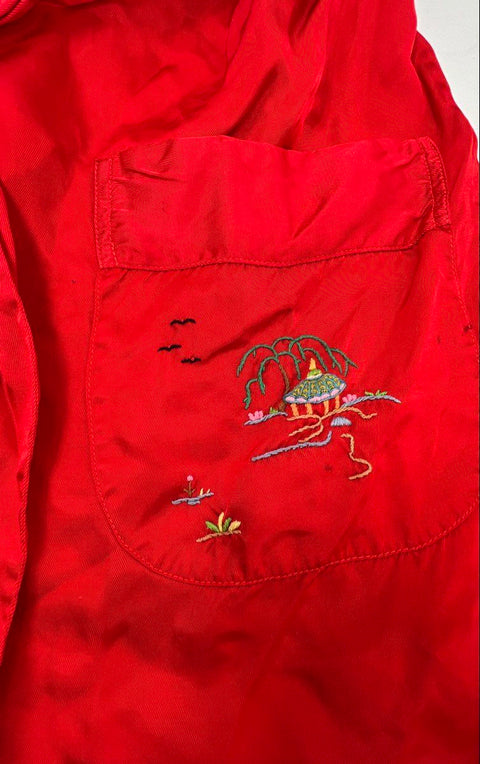 Vintage 80s Longevity Red Embroidered Pagoda Landscape Robe Kimono China Sz L