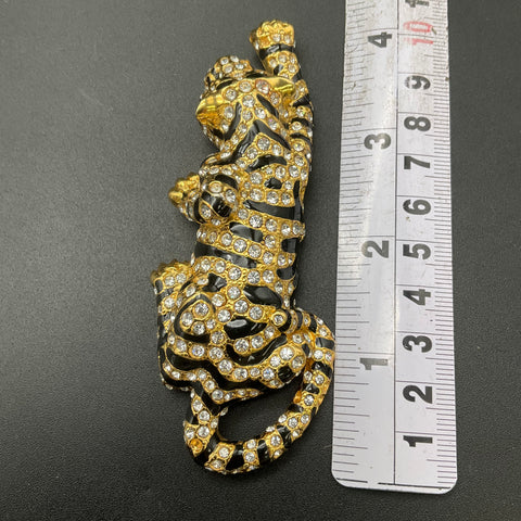 Vintage Retro Large Crawling Tiger Brooch Gold Tone Black Enamel Marked B