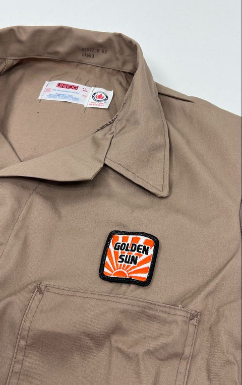 Vintage Unitog Tan Work Coveralls Golden Sun Patch Union Made USA Sz 44 Reg