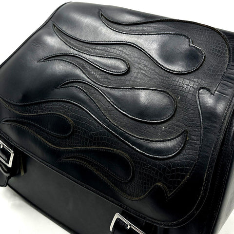 U.S. Saddlebag Co. Single Leather Motorcycle Saddle Bag Black Flame Design