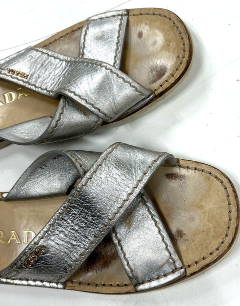 Prada Metallic Silver Leather Criss Cross Platform Slide Sandals Size 37
