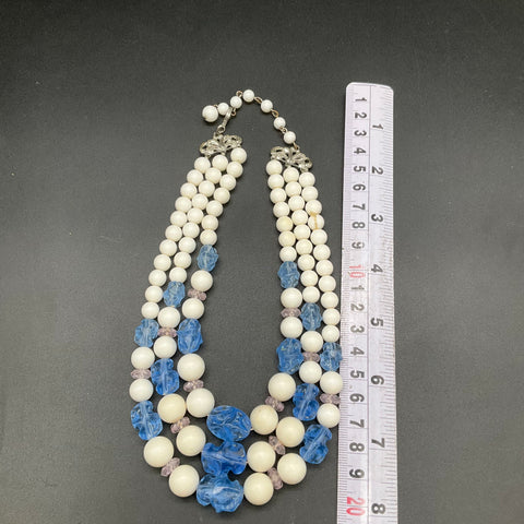 Vintage Costume Jewelry Lot 2 Necklaces Blue White Beaded & Faux Pearl Strands