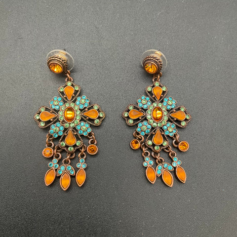 Vintage Joan Rivers Copper Tone Amber Teal Rhinestone Byzantine Drop Earrings 3"