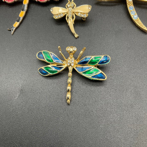 Vintage Dragonfly Brooch Pin Lot of 6 Rhinestone Enamel Gold Silver Tone
