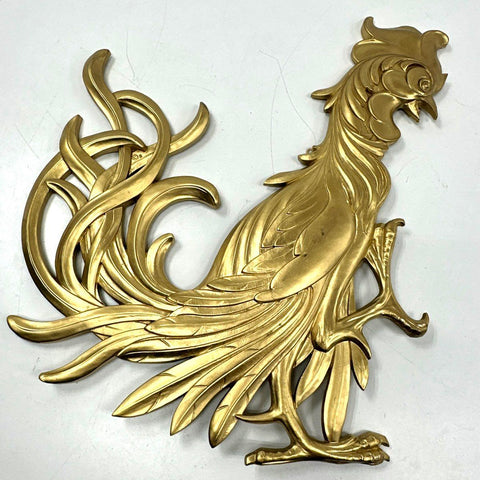 Vintage Syroco Wood Rooster Chicken Wall Plaques Pair Gold Tone Mid Century 1956