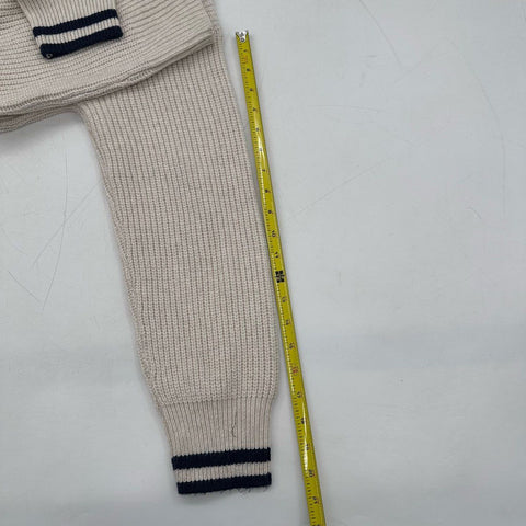 On 34th Women's Sweater Cream Navy Ribbed V-Neck Varsity Stripe Pointelle Sz M