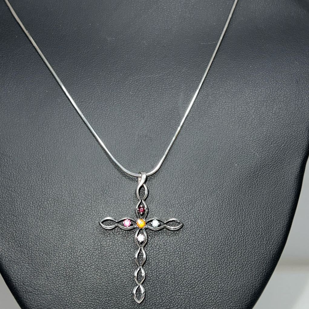 925 Sterling Silver Multiple Rhinestone Cross Necklace