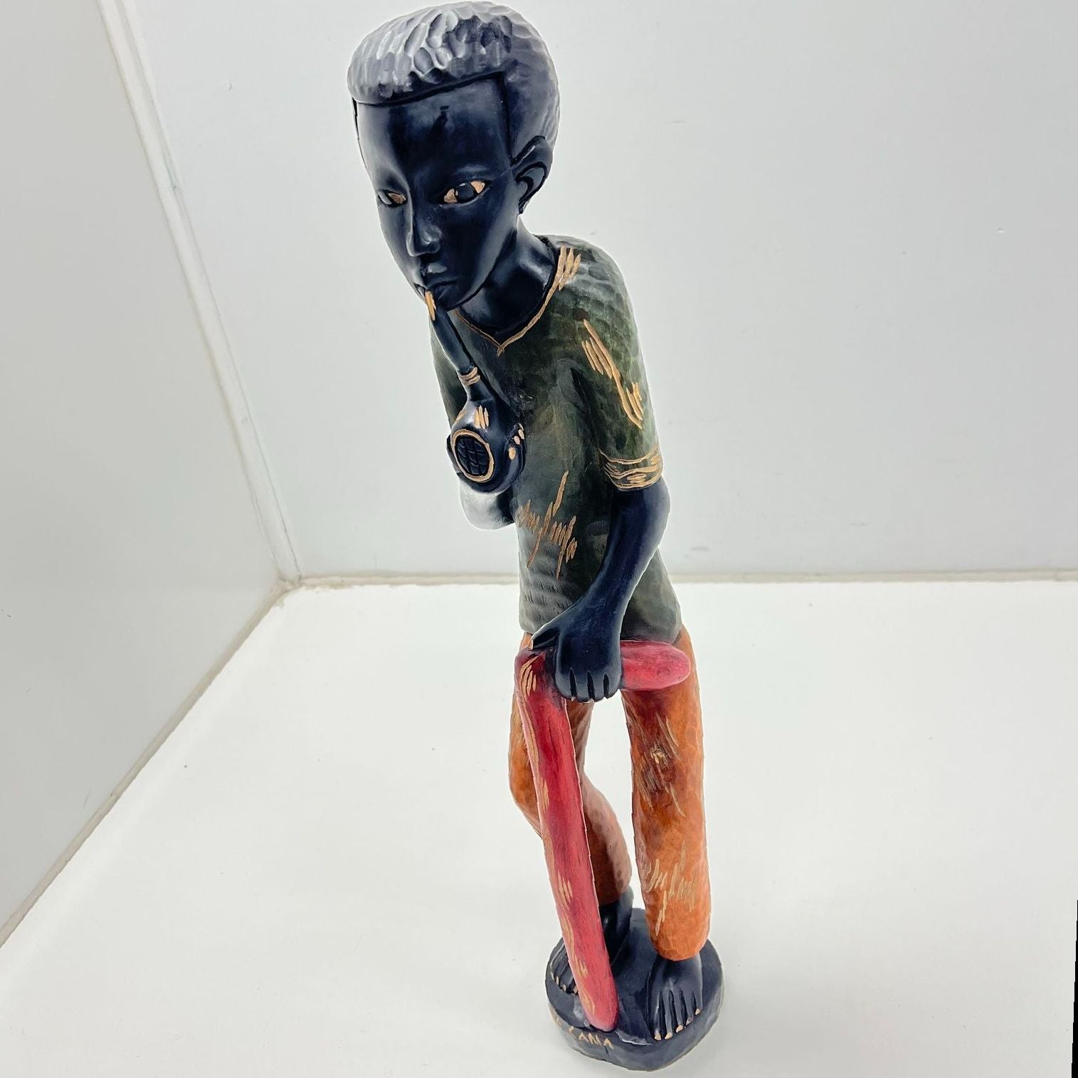 Vintage Hand Carved Wood Statue Figure 22" Signed Punta Cana Folk Art Sculpture