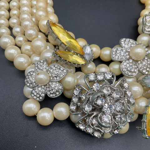 Betsey Johnson Silver Tone Multi Strand Faux Pearl Floral Statement Necklace 18"