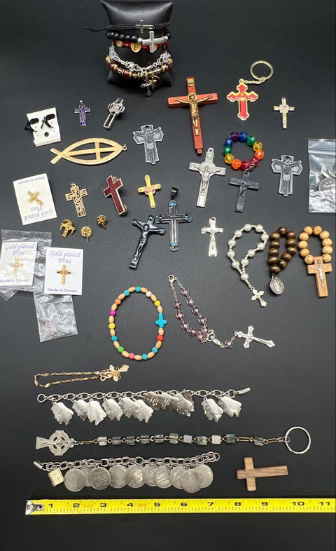 Religious Jewelry Lot Catholic Christian Crosses Rosaries Charm Bracelets Pins