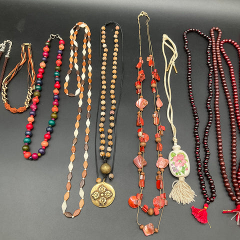 Mixed Boho Costume Jewelry Lot 10 Necklaces Beaded Wood Shell Tassel Boho Style
