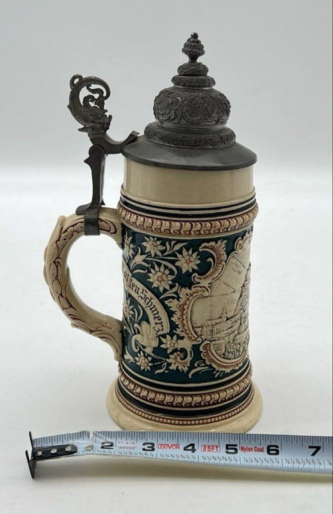 Vintage Beer Stein Salzburg Austria Relief Ceramic Stoneware Pewter Lid 10 Inch