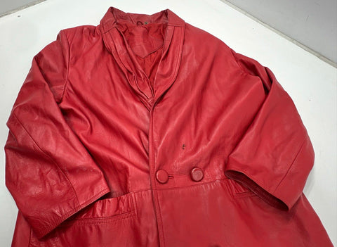 Preston and York Women's Red Long Leather Coat Jacket Shawl Collar Vintage 90s