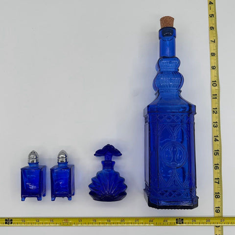 Cobalt Blue Glass Lot 4 Piece Decanter Perfume Bottle Salt Pepper Shakers