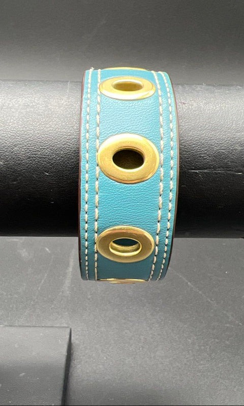 Coach Teal Leather Gold Tone Grommet Bangle Bracelet 2.5" Diameter Signed
