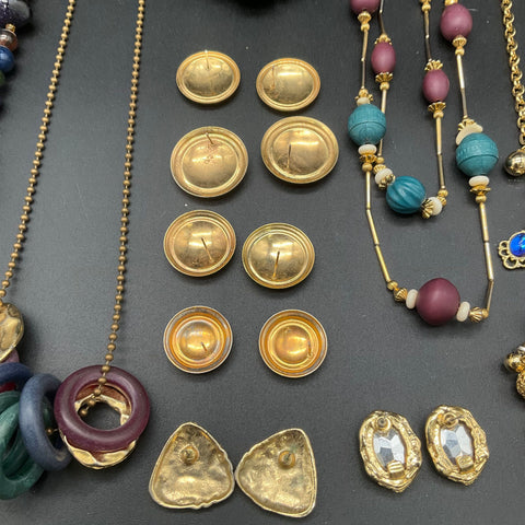 Vintage 1980s Jewel Tones Gold Tone Jewelry Lot 14pc Necklaces Earrings Lucite