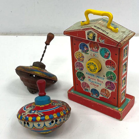 Vintage Toy Lot Fisher Price Music Box Teaching Clock & Tin Litho Spinning Tops