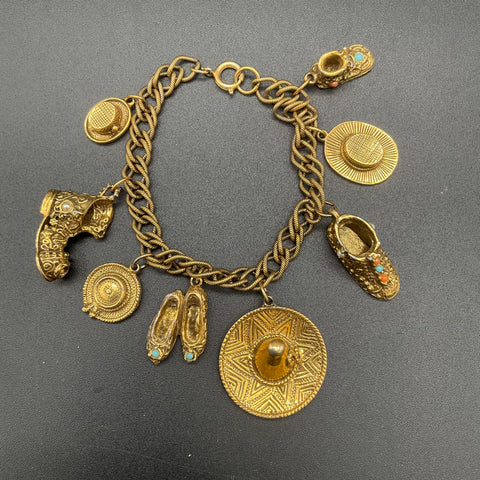 Vintage Mexican Theme Gold Tone Charm Bracelet Sombrero Hats Shoes 7"