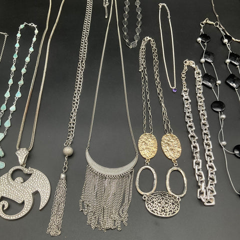 Fashion Jewelry Lot 12 Necklaces Statement Pendant Rhinestone Tassel Silver Tone