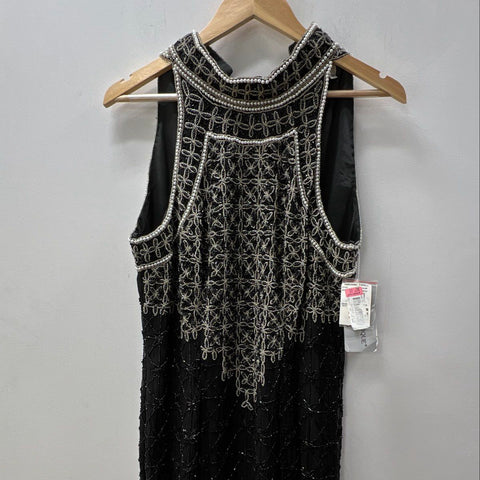 Vintage 90s Adrianna Papell Black Silk Beaded Pearl Gown Dress NWT Size 12