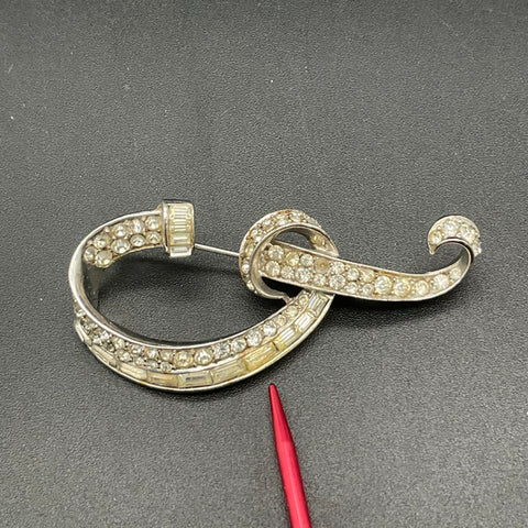 Vintage Boucher Silver Tone Rhinestone Ribbon Swirl Brooch Pin Signed