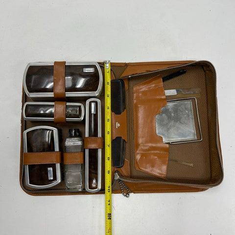 Vintage 1960s Mens Brown Leather Dopp Kit Travel Toiletry Grooming Set Case