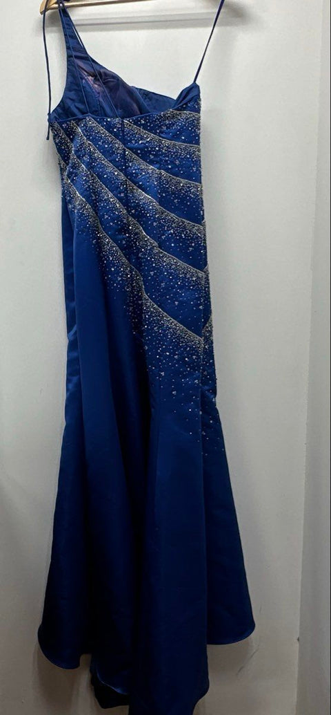Xcite Women's Royal Blue Beaded One-Shoulder Evening Gown Dress Sz 8