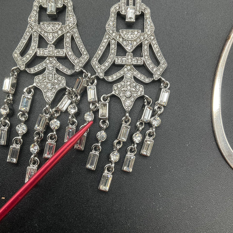Silver Tone Fashion Earrings Jewelry Lot 17 Pairs Hoops Chandelier Rhinestone