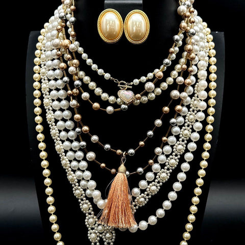 Mixed Faux Pearl Costume Jewelry Lot Necklaces Earrings Bracelets 14 Pieces