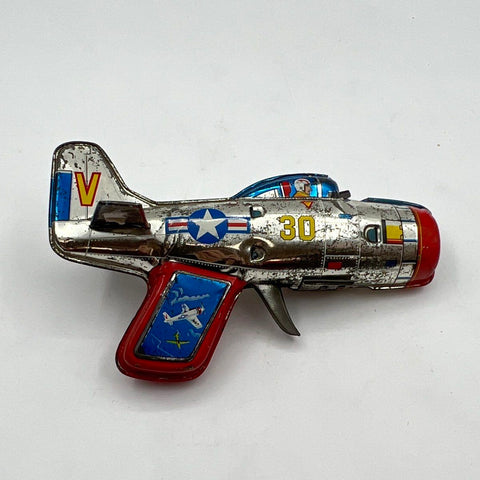 Vintage Tin Litho Jet Airplane Toy Pistol Sparker 7 Inch United States Star