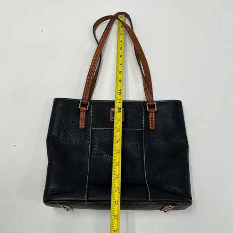 Dooney & Bourke Black Pebbled Leather Brown Trim Tote Shoulder Bag Gold Hardware