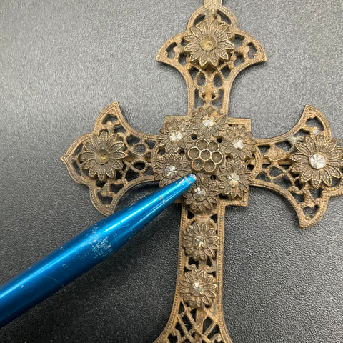 Antique Style Filigree Cross Pendant Necklace Paste Stone As-Is Repair 24"
