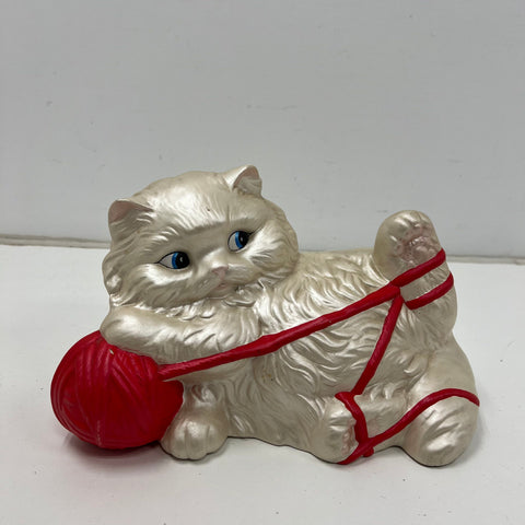 Vintage Ceramic Persian Cat Figurine Playing w/ Red Yarn Pearlescent Finish