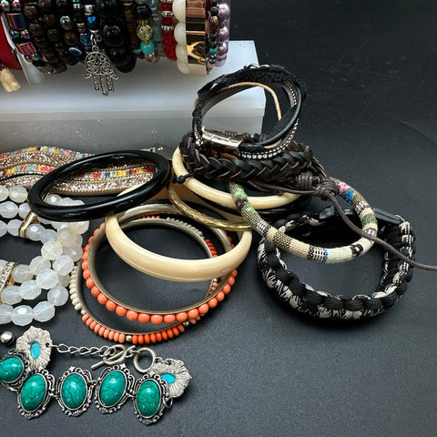 Vintage to Modern Costume Jewelry Lot 40+ Bracelets Bangles Cuffs Beaded Boho