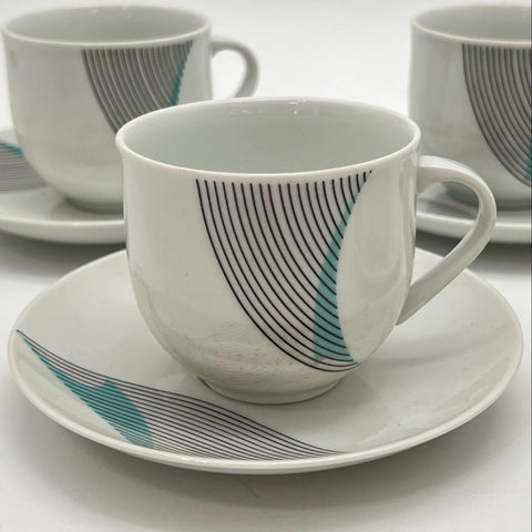Bohemia 10 Pc Cup Saucer Set Abstract Line Teal Grey Vintage Czechoslovakia